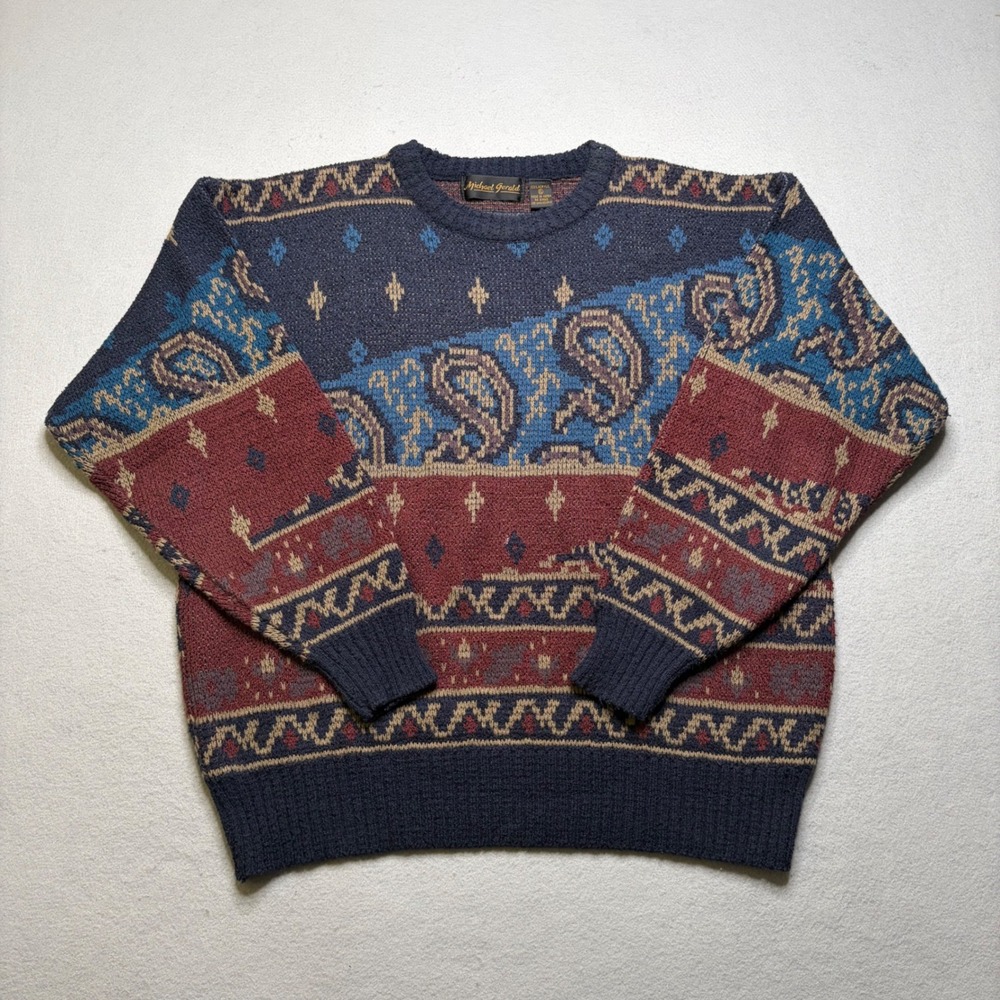 Michael Gerald Sweater Mens XL Multi Paisley Geometric Vintage 90s Knit Crewneck